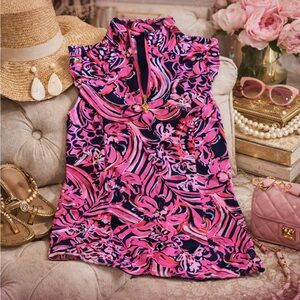 💕 Lilly Pulitzer Sleeveless Half-Zip Top XS • Pink Floral Print Resort Wear